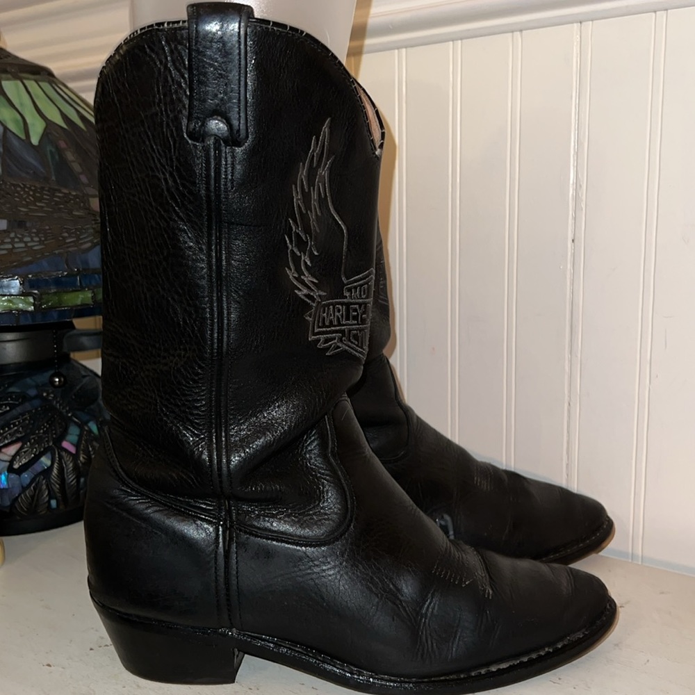 Embroidered men’s black Leather Harley Davidson western cowboy boots size 10.5